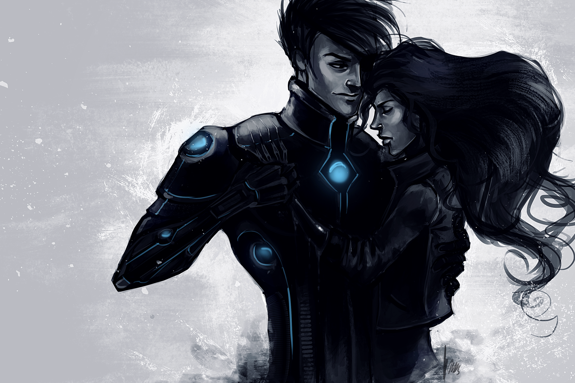 HD wallpaper featuring an artistic depiction of a couple embracing, symbolizing love amidst a dark, futuristic backdrop.