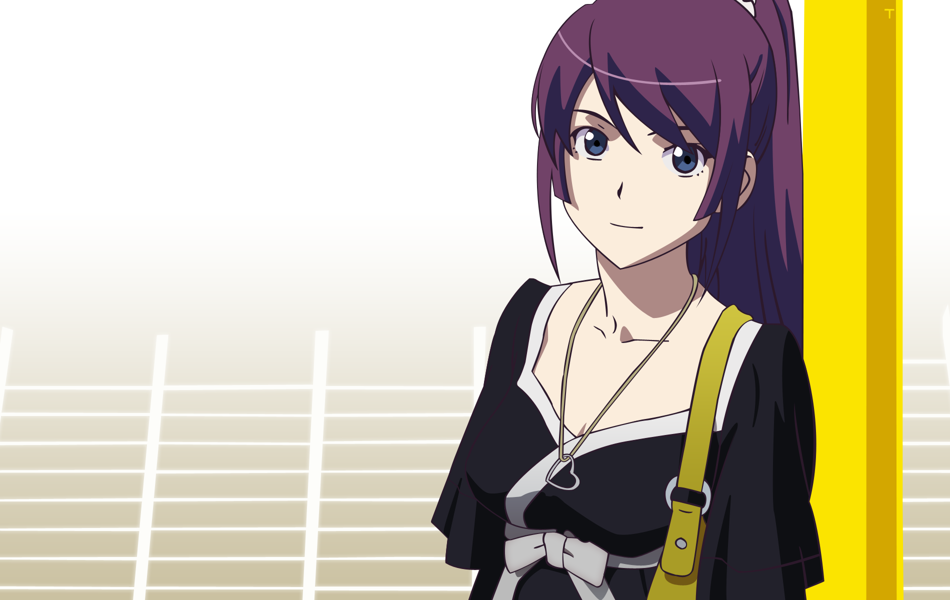 HD PC desktop wallpaper of Hitagi Senjōgahara from the Monogatari series: purple-haired anime girl in a black dress with a yellow bag, leaning by a yellow pillar on a minimalist grid background.