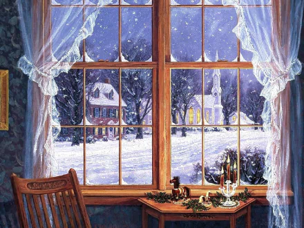 An artistic HD desktop wallpaper depicting a snowy winter scene outside a house window with curtains, showcasing a tranquil, snow-covered street and buildings.