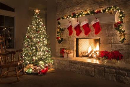 A cozy HD Christmas wallpaper featuring a decorated tree with lights and ornaments, a stone fireplace adorned with stockings, holiday gifts, and a warm festive atmosphere.