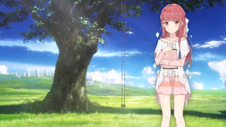 A serene anime scene featuring Rin from Shelter, standing by a large tree with a swing, set against a vibrant sky and lush green field, rendered in stunning 4K Ultra HD.