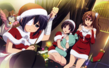 blush santa hat eye patch thigh highs red dress dress Christmas Kumin Tsuyuri Rikka Takanashi Shinka Nibutani Anime Love Chunibyo & Other Delusions anime christmas HD Desktop Wallpaper | Background Image