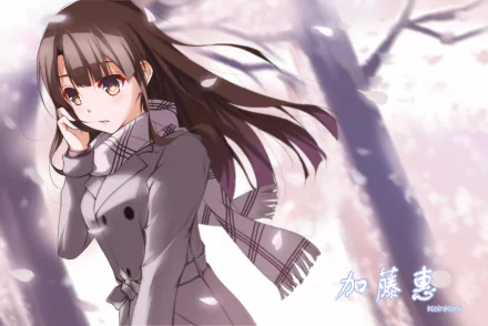 HD desktop wallpaper featuring Megumi Katō from the anime Saekano: How to Raise a Boring Girlfriend, set in a winter scene with falling snow, trees, and Japanese characters.