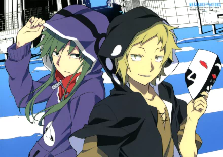 HD anime desktop wallpaper featuring two characters from Kagerou Project, one with green hair in a purple hoodie and the other with blonde hair holding a mask against a blue and white background.