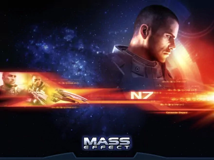 HD PC desktop wallpaper featuring Commander Shepard from the video game Mass Effect, with a space background and vibrant orange and blue lighting effects.