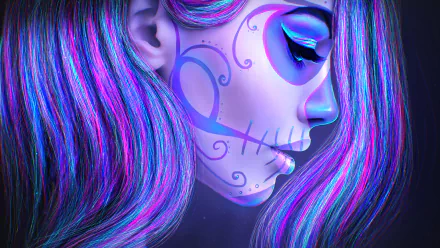 HD desktop wallpaper featuring vibrant purple artistic Day of the Dead sugar skull makeup on a woman's side profile with flowing hair and intricate face paint.