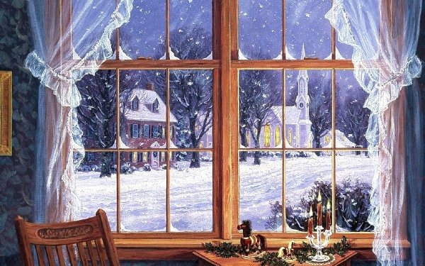 Artistic Winter Snow Street House Window Curtain HD Wallpaper | Background Image