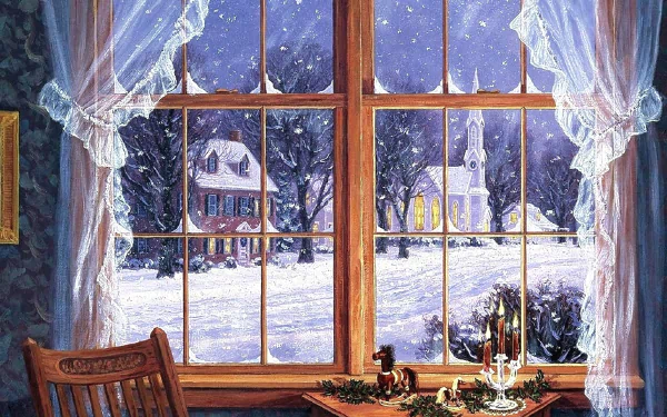 An artistic HD desktop wallpaper depicting a snowy winter scene outside a house window with curtains, showcasing a tranquil, snow-covered street and buildings.