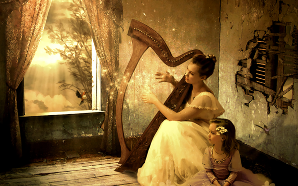 Artistic Vintage Child Harp Room HD Wallpaper | Background Image