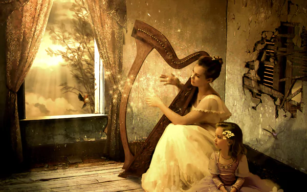 Artistic vintage room scene with a woman playing a harp and a child sitting nearby, captured as an HD PC desktop wallpaper and background.