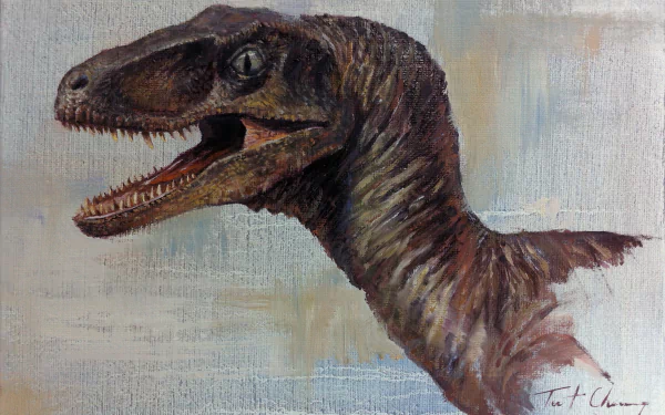 HD PC desktop wallpaper featuring a detailed painting of a velociraptor’s head and neck with textured brushstrokes and natural colors.
