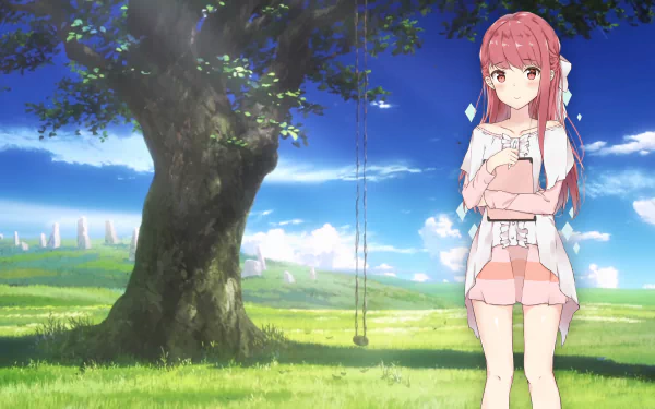 A serene anime scene featuring Rin from Shelter, standing by a large tree with a swing, set against a vibrant sky and lush green field, rendered in stunning 4K Ultra HD.