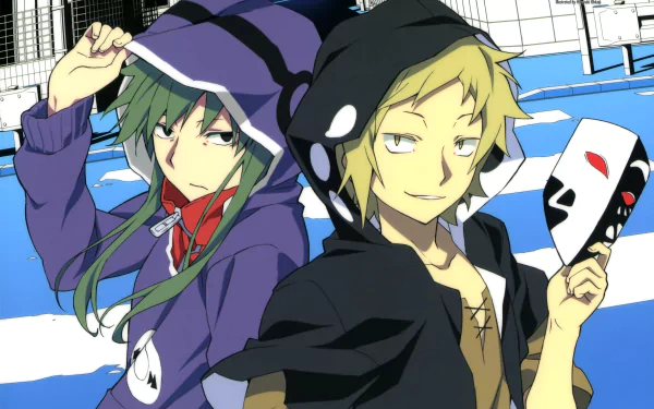 HD anime desktop wallpaper featuring two characters from Kagerou Project, one with green hair in a purple hoodie and the other with blonde hair holding a mask against a blue and white background.