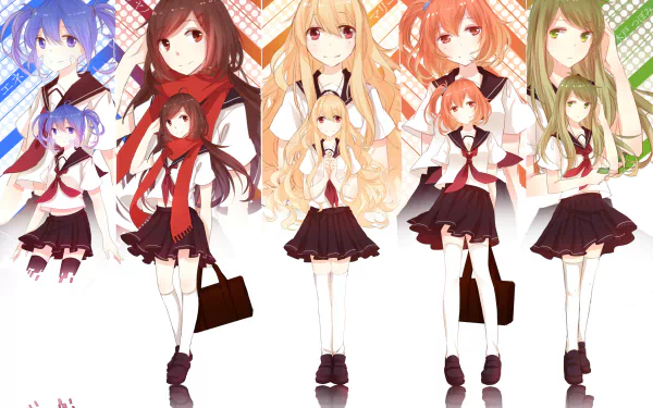 Anime Kagerou Project 2K Quad HD PC desktop wallpaper: a row of seven schoolgirls in uniform with varied hair colors and ribbons against a colorful geometric background.