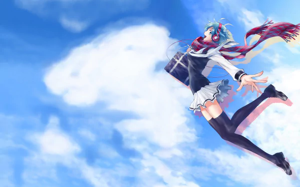 A high-definition desktop wallpaper featuring the anime character Fuuka Akitsuki from the series Fuuka. She is depicted joyfully leaping in the sky with headphones on and a scarf fluttering behind her.