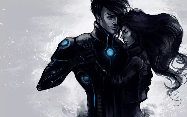 HD wallpaper featuring an artistic depiction of a couple embracing, symbolizing love amidst a dark, futuristic backdrop.