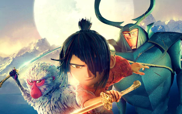 HD PC desktop wallpaper featuring characters from the movie Kubo and the Two Strings, showing Kubo with his sword, a white monkey, and a horned warrior against a moonlit sky.