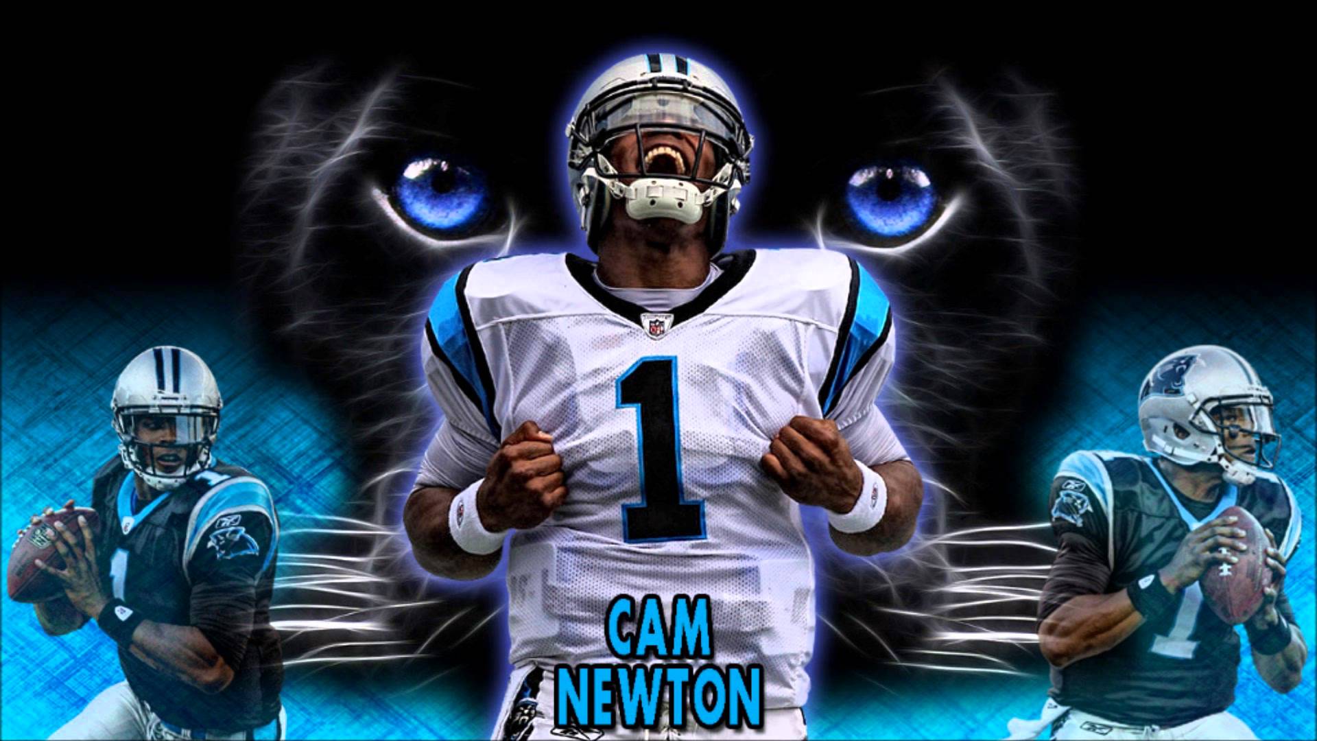 HD desktop wallpaper featuring Cam Newton in his football uniform with a dynamic background and stylized graphics.