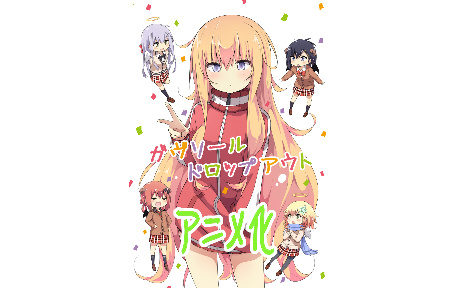 HD desktop wallpaper featuring characters Raphiel Shiraha Ainsworth, Vignette Tsukinose April, Satanichia Kurumizawa McDowell, and Gabriel Tenma White from the anime Gabriel DropOut.