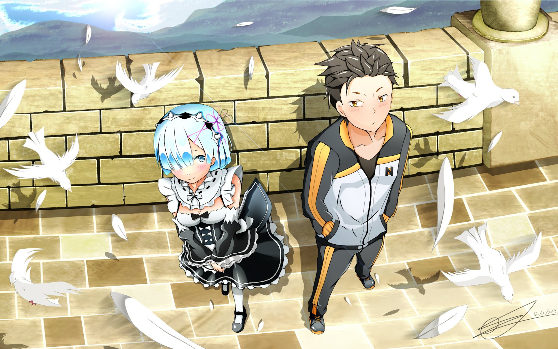 HD anime desktop wallpaper featuring Subaru Natsuki and Rem from Re:Zero - Starting Life in Another World, standing on a sunlit stone terrace surrounded by flying white birds.