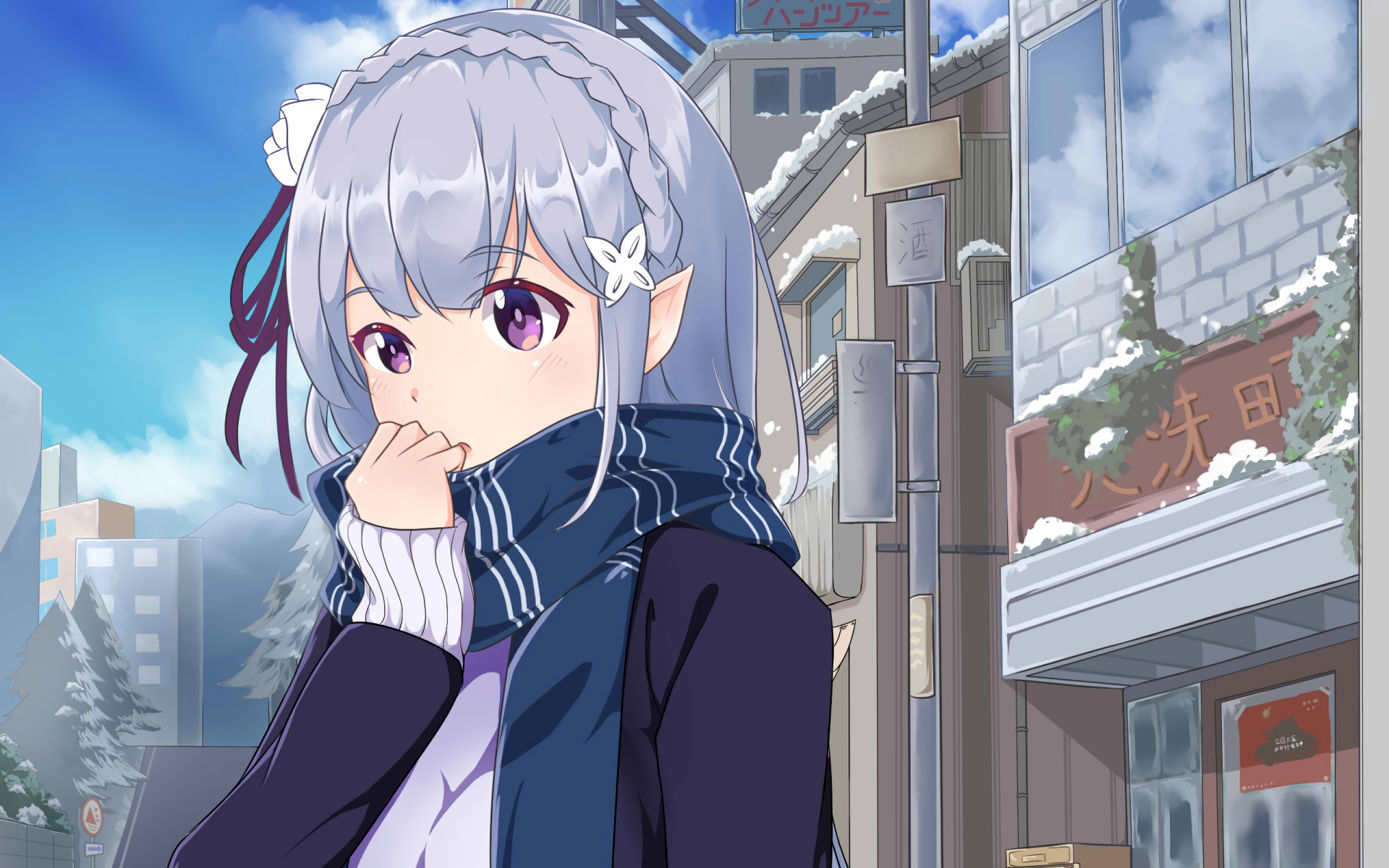 An HD wallpaper featuring Emilia from Re:ZERO - Starting Life in Another World, depicted in an urban winter setting, bundled in a dark coat and scarf, against a backdrop of snow-covered buildings.