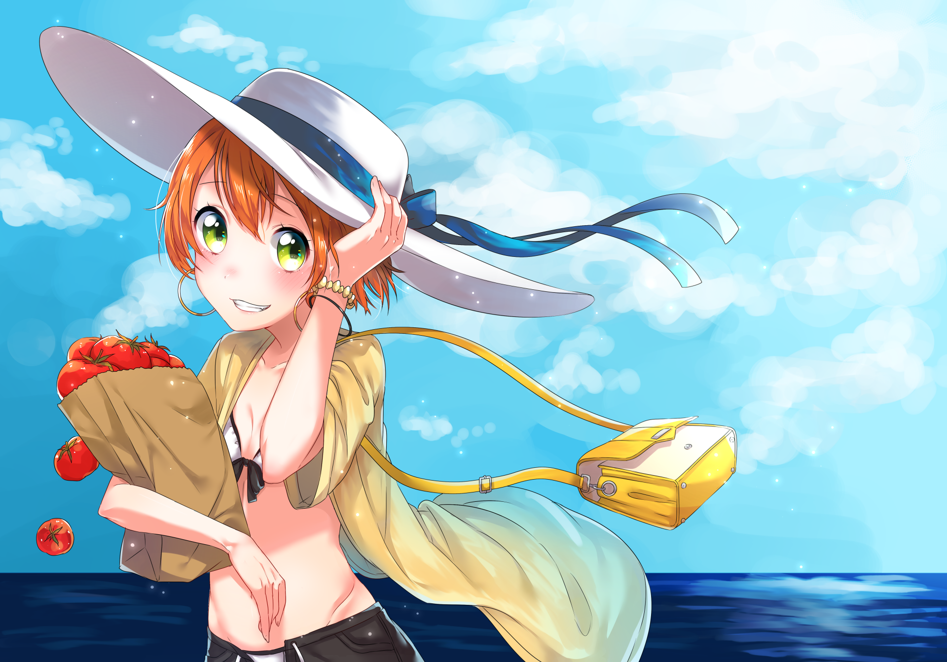 Rin Hoshizora from Love Live! in a sun hat and light cover-up, holding strawberries by the ocean under a bright blue sky, rendered in 4K Ultra HD anime style.