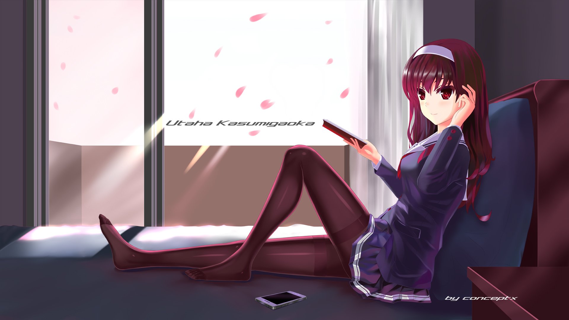 Anime HD PC desktop wallpaper: Utaha Kasumigaoka from Saekano: How to Raise a Boring Girlfriend reclining by a window while cherry petals drift outside.