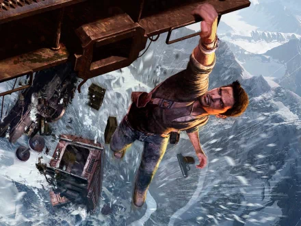 A dynamic HD wallpaper from Uncharted 2: Among Thieves, featuring the protagonist in an intense action scene amidst a snowy mountainous backdrop.