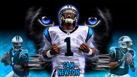 HD desktop wallpaper featuring Cam Newton in his football uniform with a dynamic background and stylized graphics.