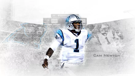 HD desktop wallpaper featuring an action pose of Cam Newton in his football gear with an artistic background.