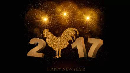 HD New Year 2017 desktop wallpaper featuring a golden rooster, fireworks, and HAPPY NEW YEAR! text.