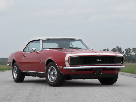 HD desktop wallpaper featuring a classic red Chevrolet Camaro SS muscle car parked on a rural road, showcasing its iconic design and powerful stance.