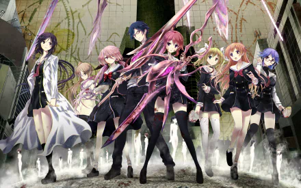 HD desktop wallpaper featuring characters from Anime, ChaoS;Child. The image shows a group of characters in dark outfits with a detailed, dynamic background.