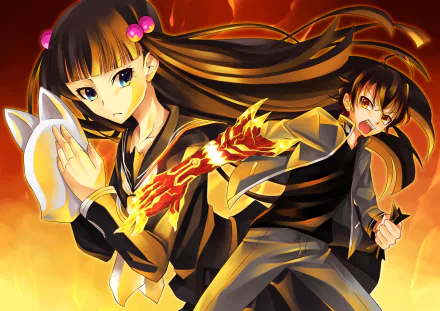 HD desktop wallpaper featuring vibrant artwork from the anime Twin Star Exorcists, showcasing two characters in dynamic poses with a fiery background.