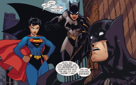 Batgirl and Supergirl confront Batman in this dynamic comic scene. The image showcases vibrant art, fitting for a HD PC desktop wallpaper celebrating these iconic characters.
