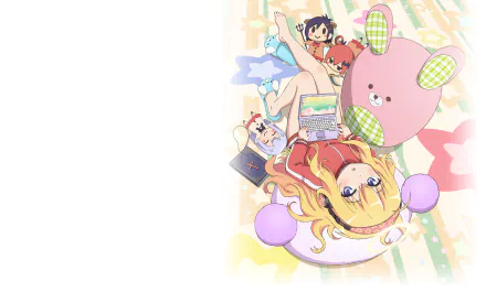 HD desktop wallpaper featuring the anime character Gabriel Tenma White from Gabriel DropOut. Gabriel lies on the floor, surrounded by plushies and a laptop, in a colorful setting.