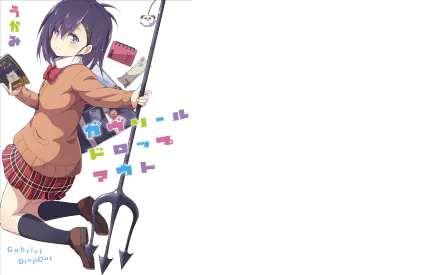 Vignette Tsukinose April from the anime Gabriel DropOut holding a pitchfork, featured as an HD PC desktop wallpaper with a minimalist white background.