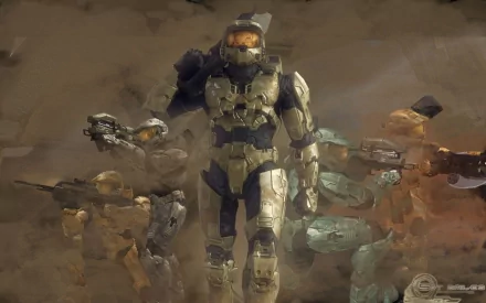 A HD desktop wallpaper featuring characters from the Halo video game series, showcasing armored soldiers in a battle-ready stance within a smoky, rugged environment.