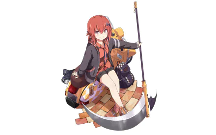 HD PC wallpaper featuring Satanichia Kurumizawa McDowell from the anime Gabriel DropOut, sitting with her signature oversized scythe and casual expression.