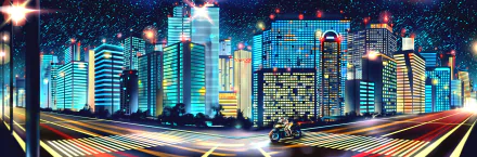 HD desktop wallpaper featuring Lisa Mishima and Twelve from Zankyou no Terror anime, set against a vibrant, illuminated night cityscape with towering skyscrapers and starry sky.