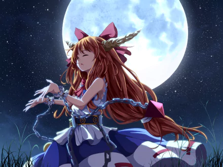 Suika Ibuki (Touhou) with horns, ribbons and chains, eyes closed beneath a glowing full moon — detailed anime HD PC desktop wallpaper background.