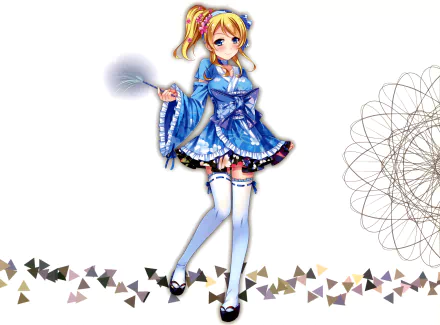 HD PC desktop wallpaper featuring Eri Ayase from the anime Love Live! in a blue outfit with a detailed background design.