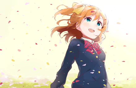 Honoka Kousaka from Love Live! smiling in her school uniform as petals fall, bright HD anime PC desktop wallpaper background.