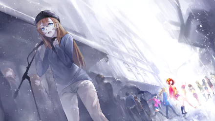 HD anime desktop wallpaper featuring Love Live! characters Honoka Kousaka, Nico Yazawa, Eri Ayase, Kotori Minami, and Umi Sonoda in a snowy, atmospheric scene.