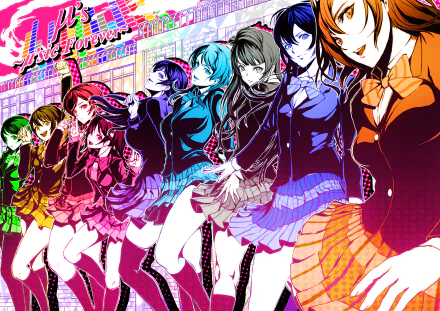 HD desktop wallpaper featuring vibrant, colorful illustrations of Umi Sonoda, Rin Hoshizora, Nozomi Tojo, Nico Yazawa, Maki Nishikino, Kotori Minami, Honoka Kousaka, Hanayo Koizumi, Eri Ayase from the anime Love Live!