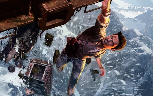 A dynamic HD wallpaper from Uncharted 2: Among Thieves, featuring the protagonist in an intense action scene amidst a snowy mountainous backdrop.