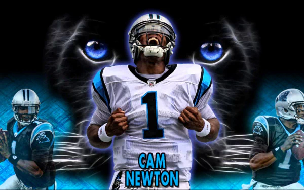 HD desktop wallpaper featuring Cam Newton in his football uniform with a dynamic background and stylized graphics.