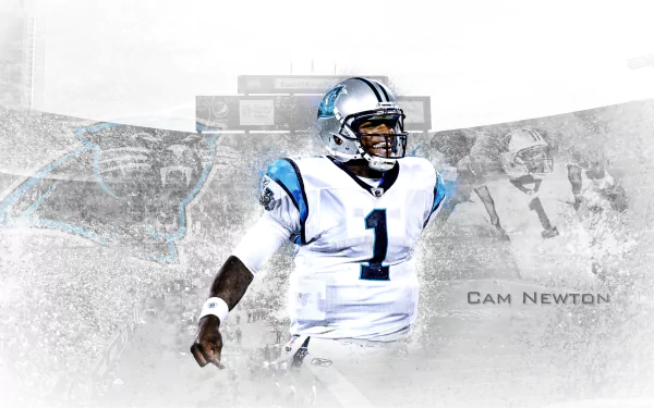 HD desktop wallpaper featuring an action pose of Cam Newton in his football gear with an artistic background.