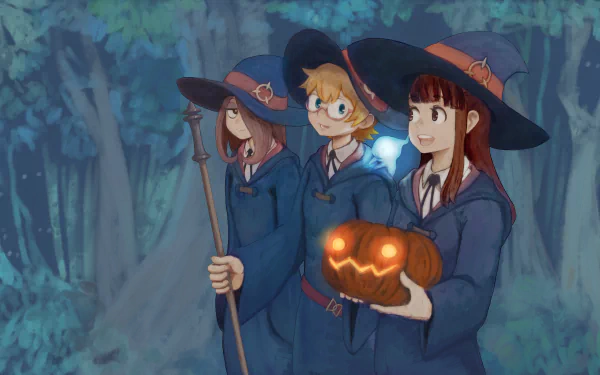 4K Ultra HD PC wallpaper: Little Witch Academia's Atsuko Kagari, Lotte Yanson and Sucy Manbavaran in witch robes in a moonlit forest, Atsuko holding a carved pumpkin.