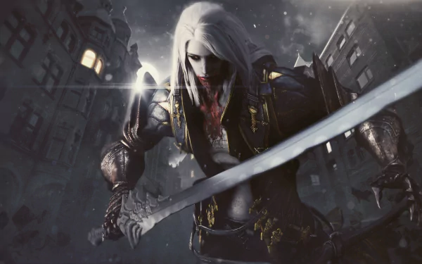 HD PC desktop wallpaper featuring a dark, intense scene from the video game Castlevania: Lords of Shadow, showcasing a white-haired warrior with a glowing sword.